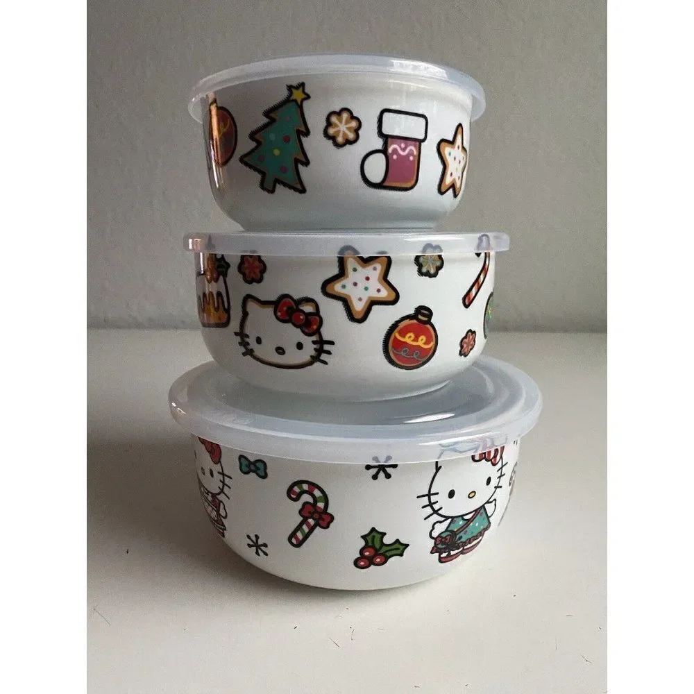 Set Of 3 Hello Kitty Christmas Pressure Lid Ceramic Food Storage Bowls Container